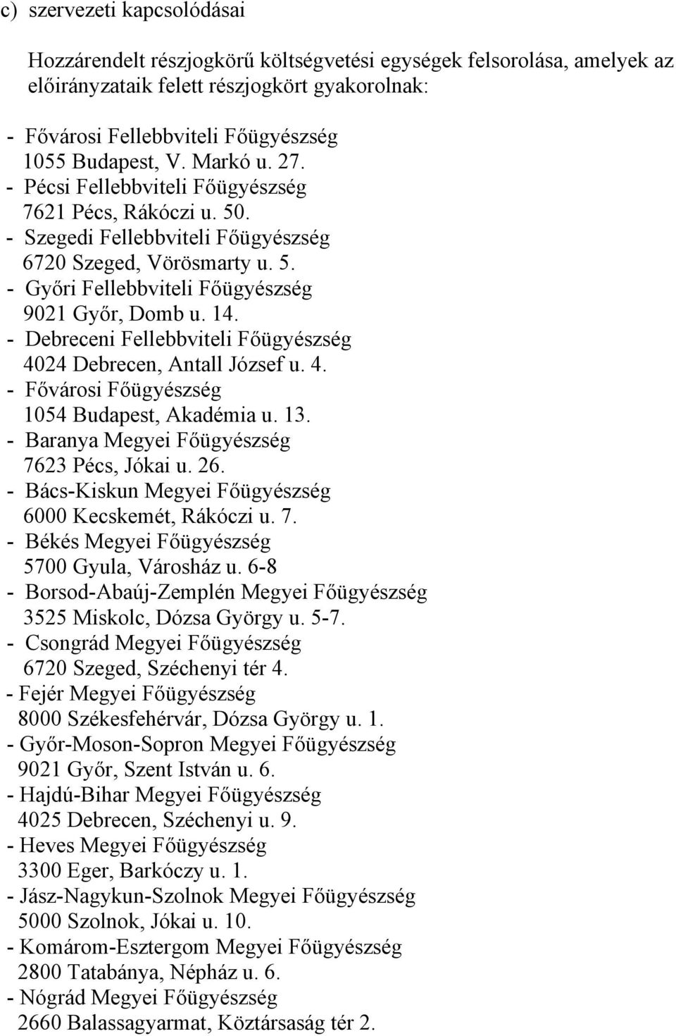 - Debreceni Fellebbviteli Főügyészség 4024 Debrecen, Antall József u. 4. - Fővárosi Főügyészség 1054 Budapest, Akadémia u. 13. - Baranya Megyei Főügyészség 7623 Pécs, Jókai u. 26.