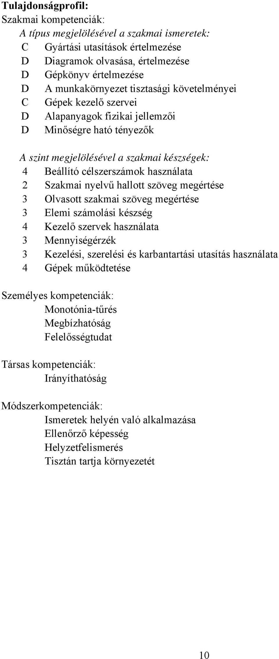 nyelvű hallott szöveg megértése 3 Olvasott szakmai szöveg megértése 3 Elemi számolási készség 4 Kezelő szervek használata 3 Mennyiségérzék 3 Kezelési, szerelési és karbantartási utasítás használata 4