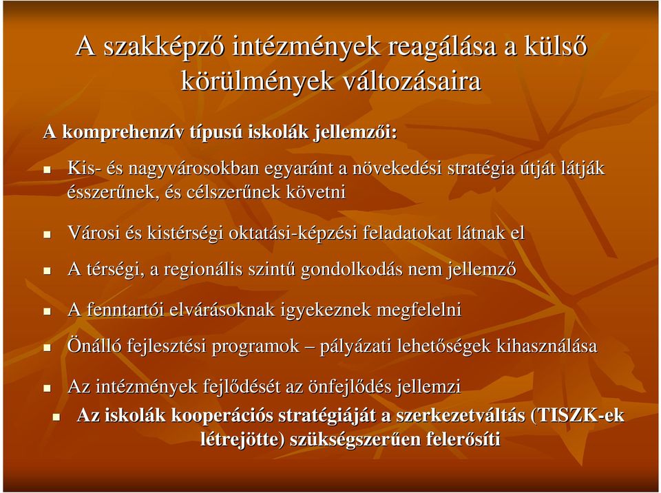 regionális szint gondolkodás s nem jellemz A fenntartói i elvárásoknak igyekeznek megfelelni Önálló fejlesztési si programok pályázati lehetségek kihasználása sa Az intézm