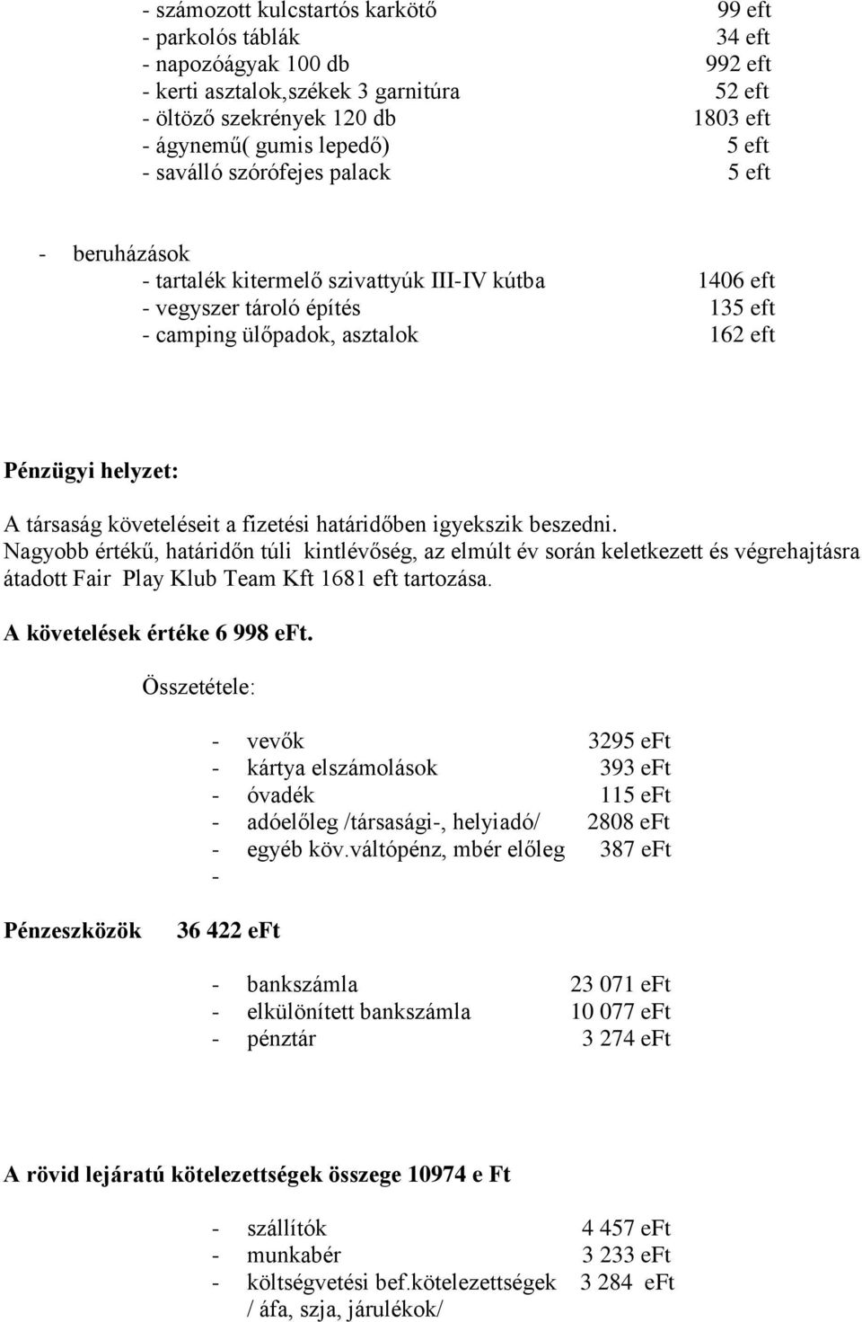 társaság követeléseit a fizetési határidőben igyekszik beszedni.