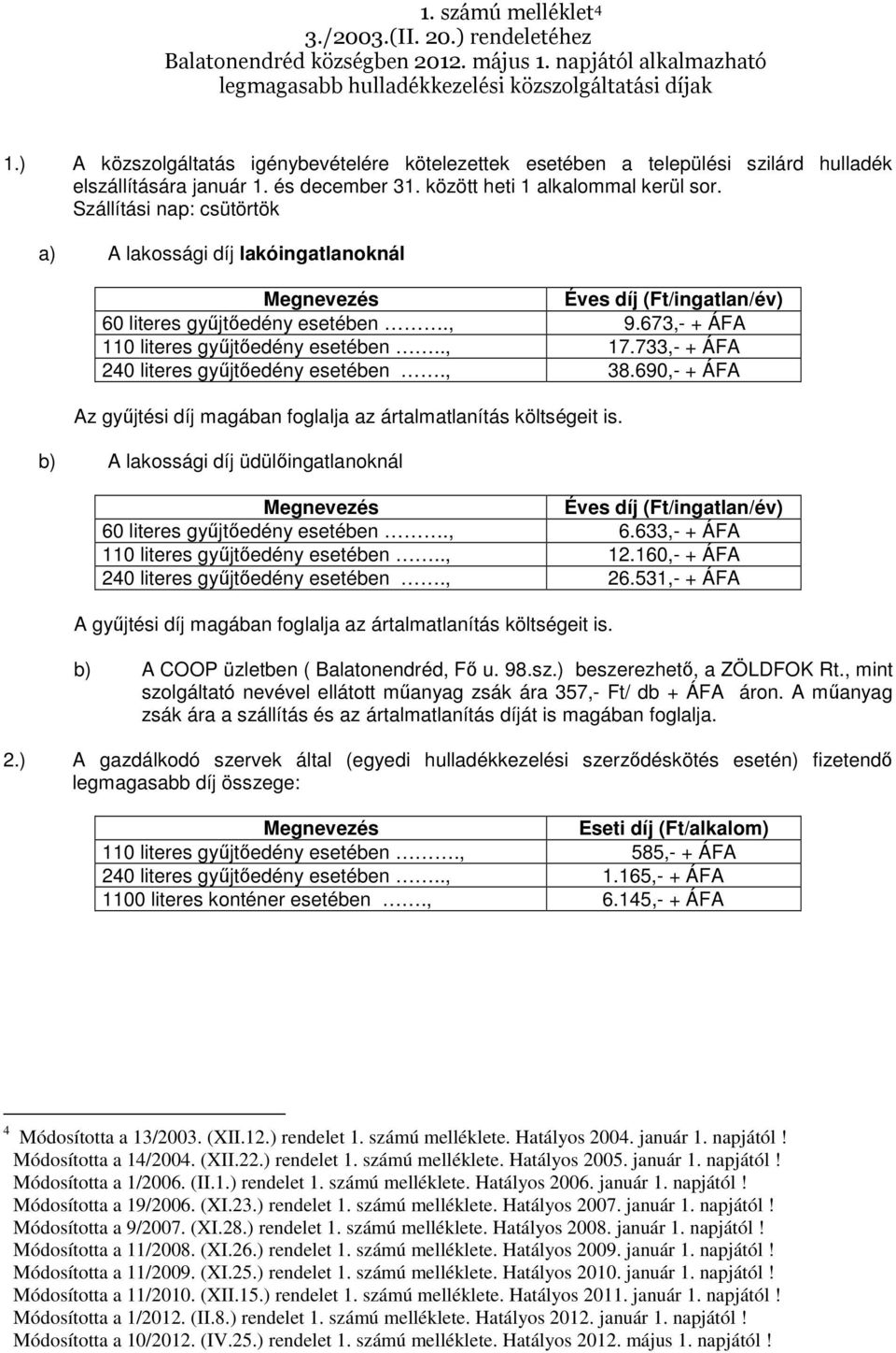 Szállítási nap: csütörtök a) A lakossági díj lakóingatlanoknál Megnevezés Éves díj (Ft/ingatlan/év) 60 literes gyűjtőedény esetében., 9.673,- + ÁFA 110 literes gyűjtőedény esetében.., 17.