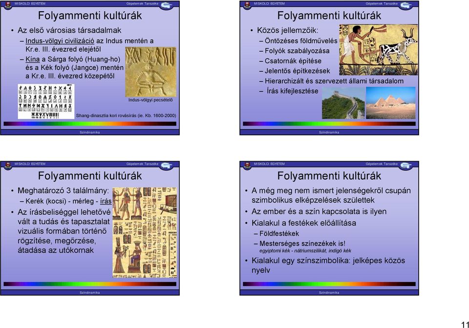 évezred közepétől Indus-völgyi pecsételő Folyammenti kultúrák Közös jellemzőik: Öntözéses földművelés Folyók szabályozása Csatornák építése Jelentős építkezések Hierarchizált és szervezett állami