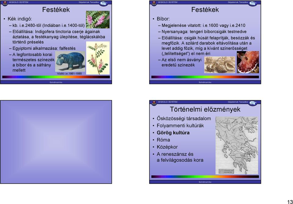 falfestés A legfontosabb korai természetes színezék a bíbor és a sáfrány mellett Víziló i.e.1981-1885 Festékek Bíbor: Megjelenése vitatott: i.e.1600 vagy i.e.2410 Nyersanyaga: tengeri bíborcsigák testnedve Előállítása: csigák húsát felaprítják, besózzák és megfőzik.