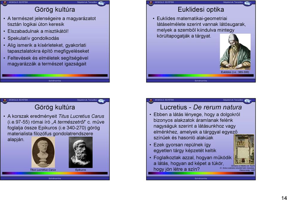 matematikai-geometriai látáselmélete szerint vannak látósugarak, melyek a szemből kiindulva mintegy körültapogatják a tárgyat. Euklides (i.e.: 365-300) Görög kultúra A korszak eredményeit Titus Lucretius Carus (i.