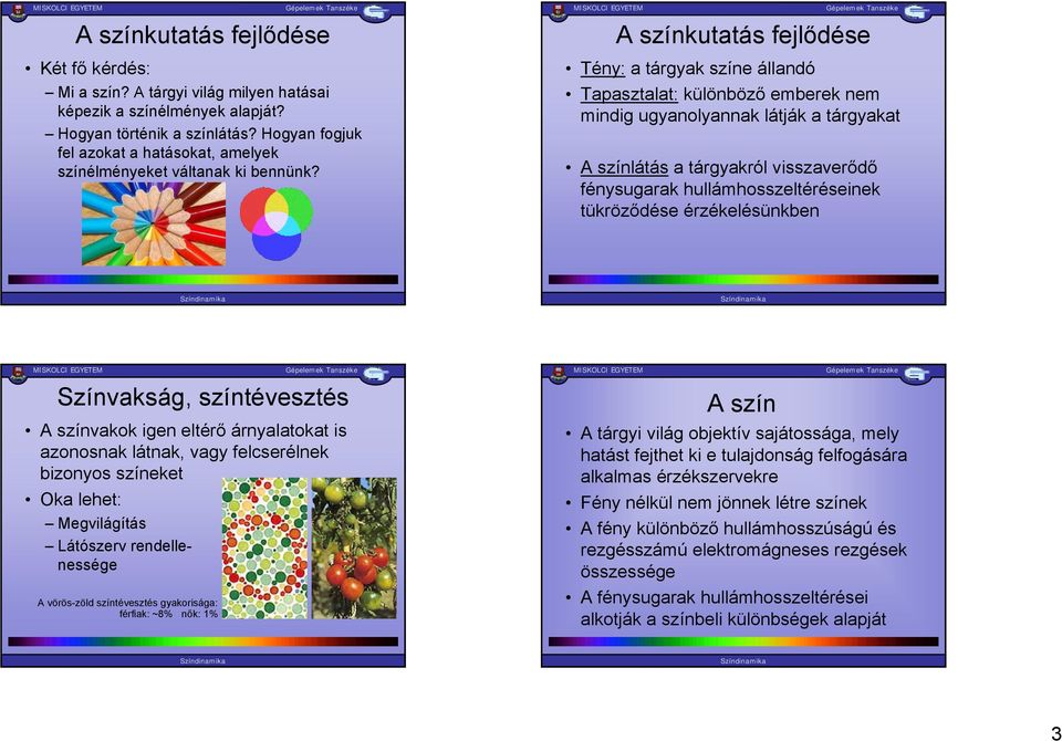 A színkutatás fejlődése Tény: a tárgyak színe állandó Tapasztalat: különböző emberek nem mindig ugyanolyannak látják a tárgyakat A színlátás a tárgyakról visszaverődő fénysugarak