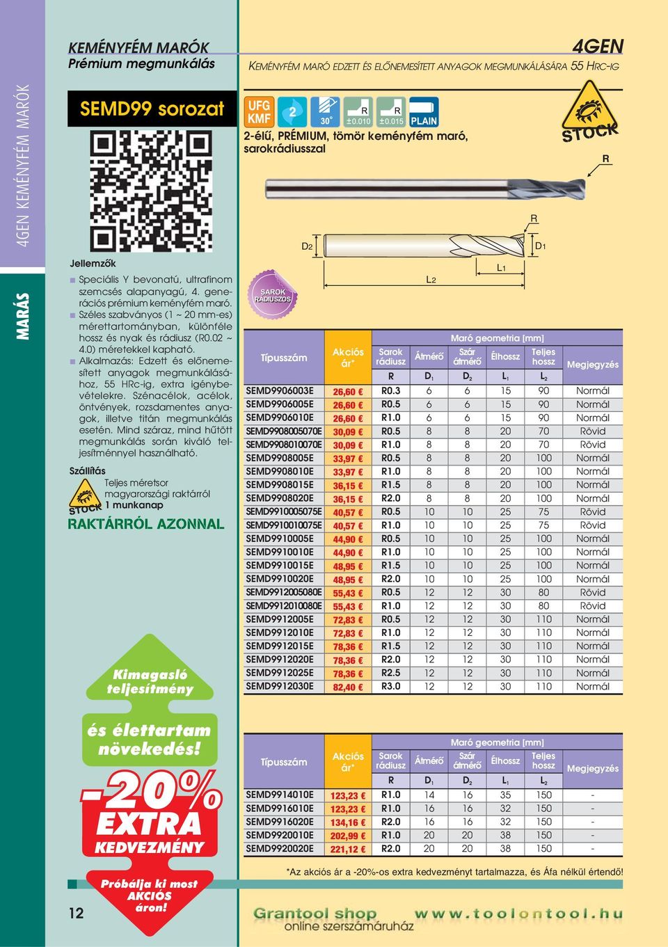 AKTÁÓL AZONNAL 2-élû, PÉMIUM, tömör keményfém maró, sarokrádiusszal SAOK ÁDIUSZOS Akciós ár* Sarok Átmérô rádiusz átmérô Él Megjegyzés D 1 D 2 L 1 L 2 SEMD9906003E 26,60 0.