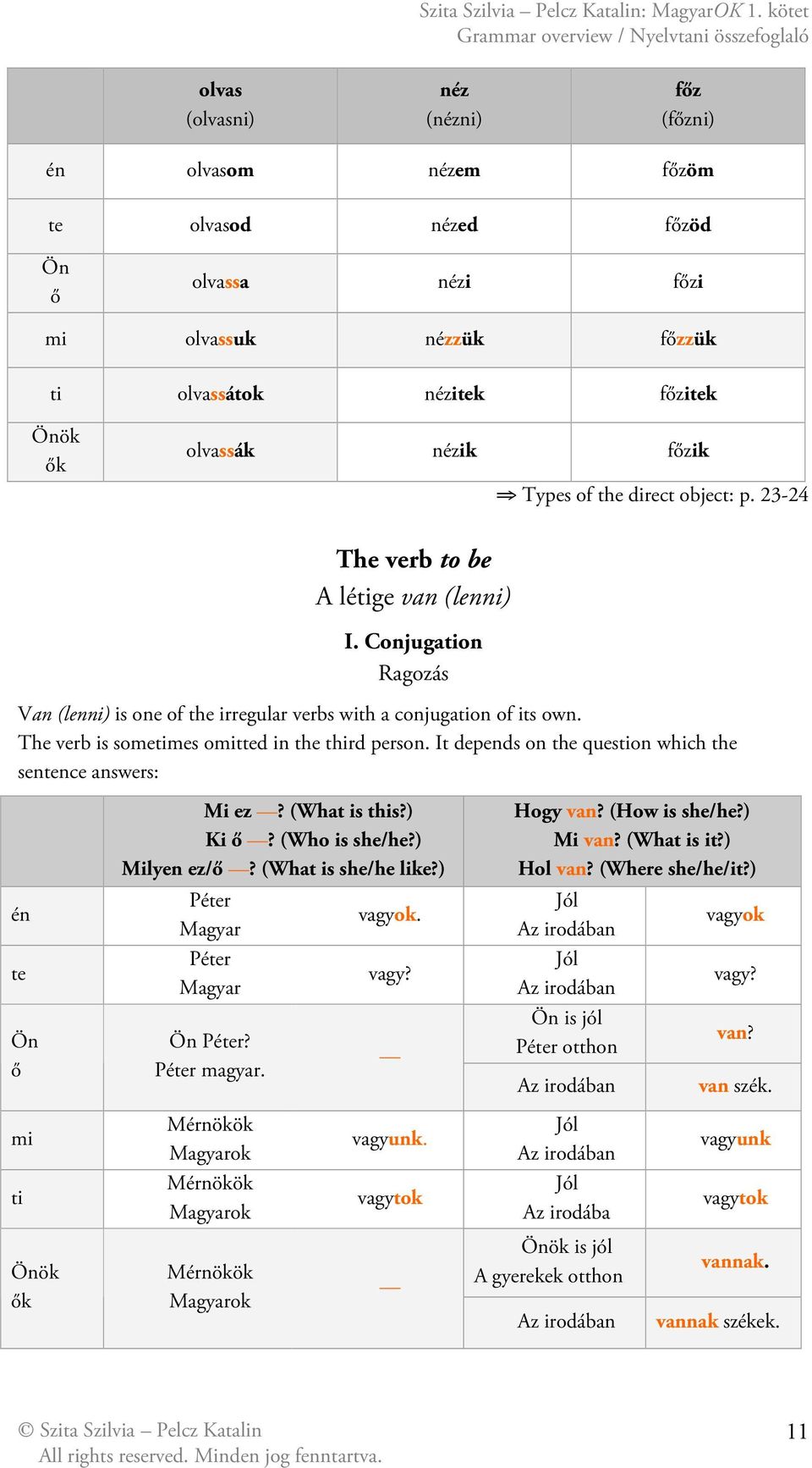 The verb is sometimes omitted in the third person. It depends on the question which the sentence answers: én te Ön ő Mi ez? (What is this?) Ki ő? (Who is she/he?) Milyen ez/ő? (What is she/he like?