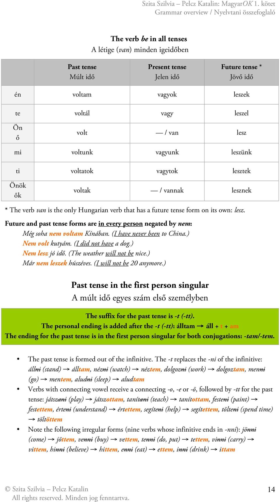 Future and past tense forms are in every person negated by nem: Még soha nem voltam Kínában. (I have never been to China.) Nem volt kutyám. (I did not have a dog.) Nem lesz jó idő.