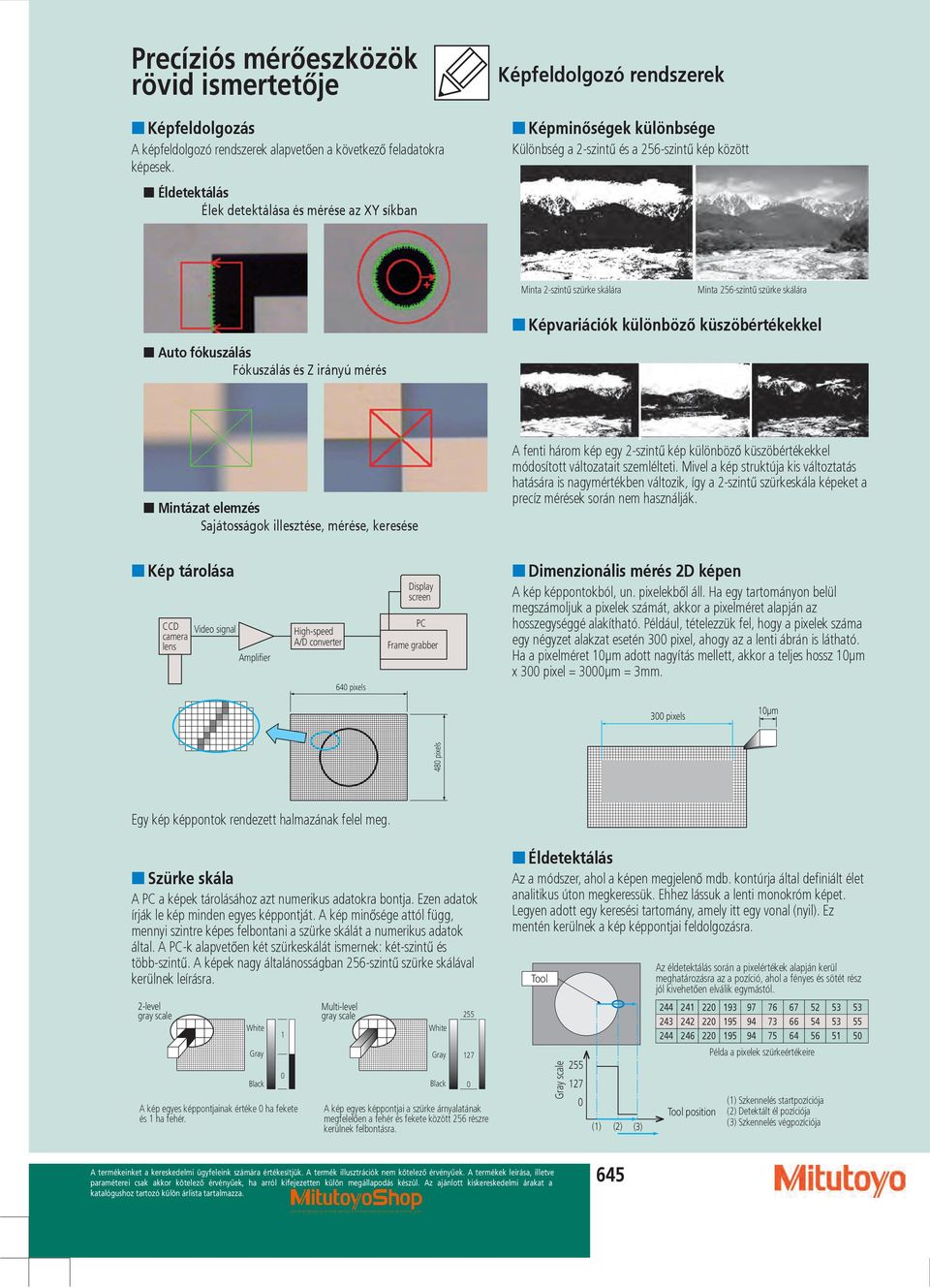 szürke skálára Auto fókuszálás Fókuszálás és Z irányú mérés Képvariációk különböző küszöbértékekkel Mintázat elemzés Sajátosságok illesztése, mérése, keresése A fenti három kép egy 2-szintű kép
