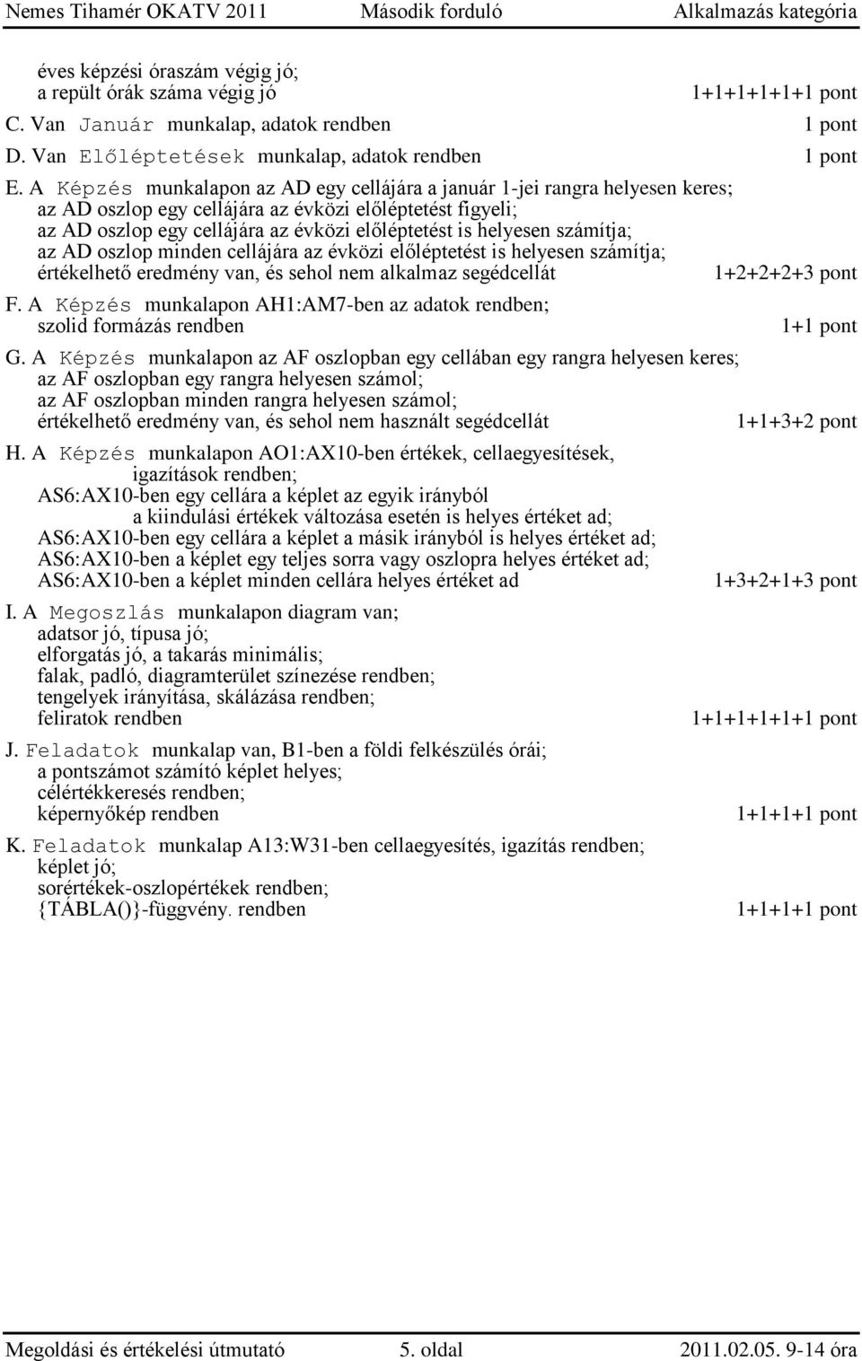 számítja; az AD oszlop minden cellájára az évközi előléptetést is helyesen számítja; értékelhető eredmény van, és sehol nem alkalmaz segédcellát 1+2+2+2+3 pont F.