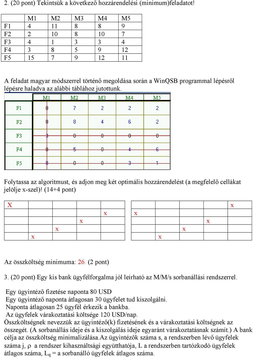 Folytassa az algoritmust, és adjon meg két optimális hozzárendelést (a megfelelő cellákat jelölje -szel)! (+ pont) X Az összköltség minimuma: 26. (2 pont).