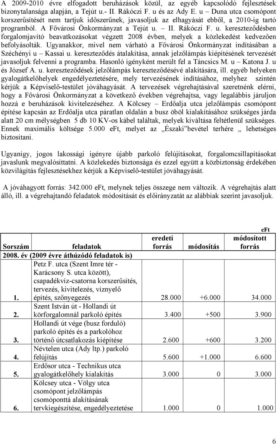 Ugyanakkor, mivel nem várható a Fővárosi Önkormányzat indításában a Széchényi u Kassai u. kereszteződés átalakítása, annak jelzőlámpás kiépítésének tervezését javasoljuk felvenni a programba.