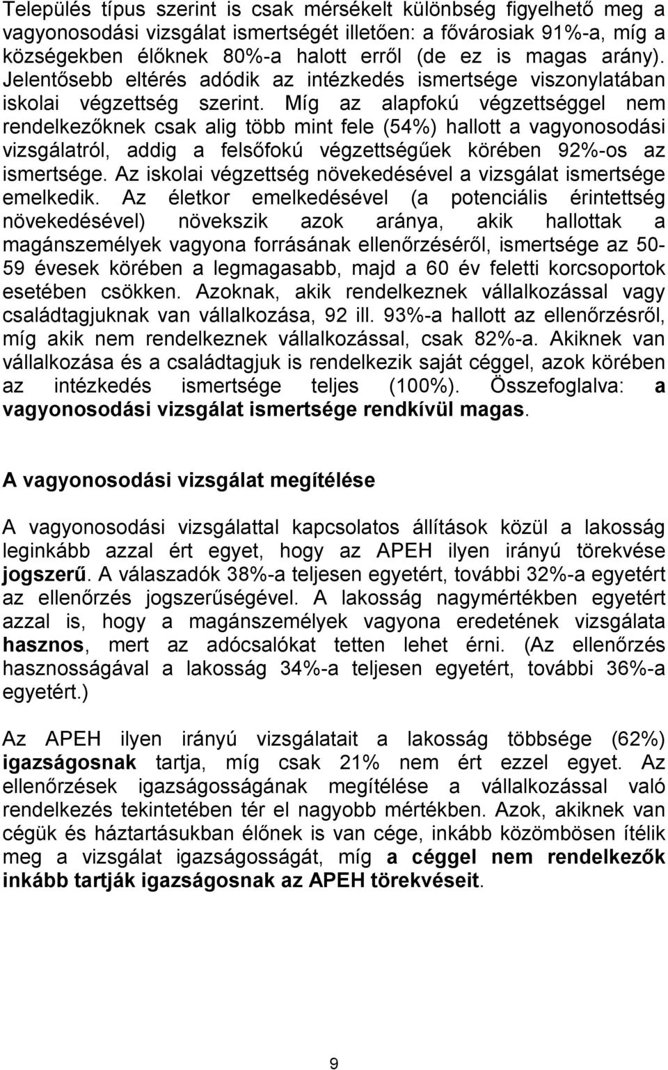 Míg az alapfokú végzettséggel nem rendelkezőknek csak alig több mint fele (54%) hallott a vagyonosodási vizsgálatról, addig a felsőfokú végzettségűek körében 92%-os az ismertsége.