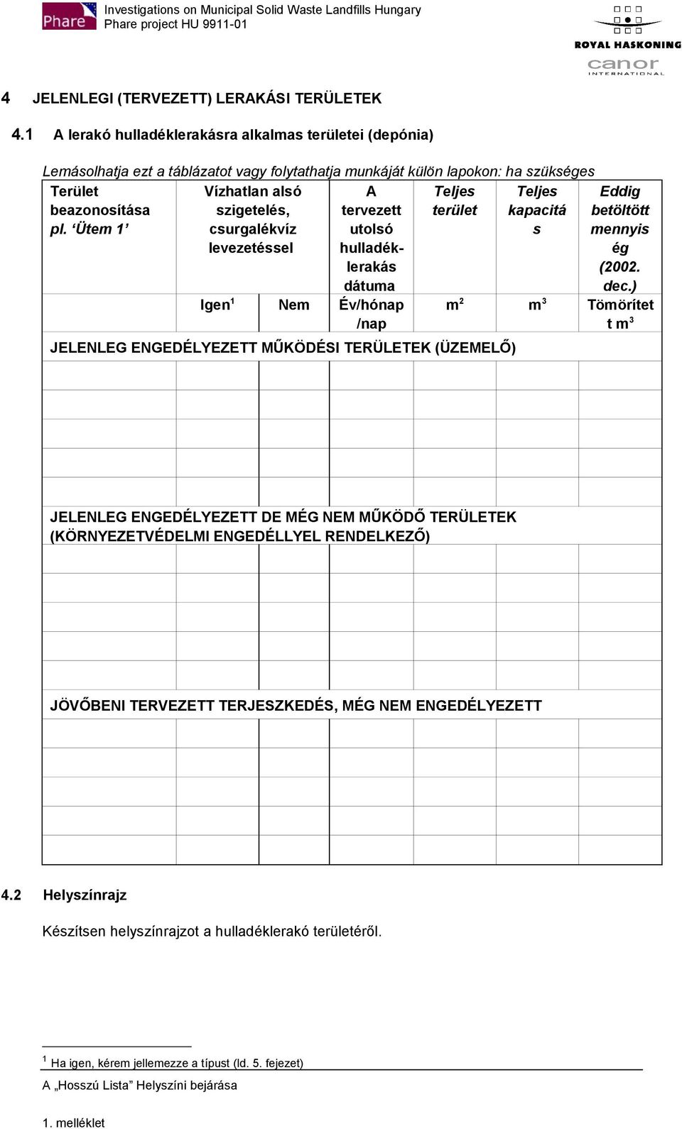 Ütem 1 Teljes terület Teljes kapacitá s Vízhatlan alsó szigetelés, csurgalékvíz levezetéssel A tervezett utolsó hulladéklerakás dátuma Igen 1 Nem Év/hónap /nap JELENLEG ENGEDÉLYEZETT