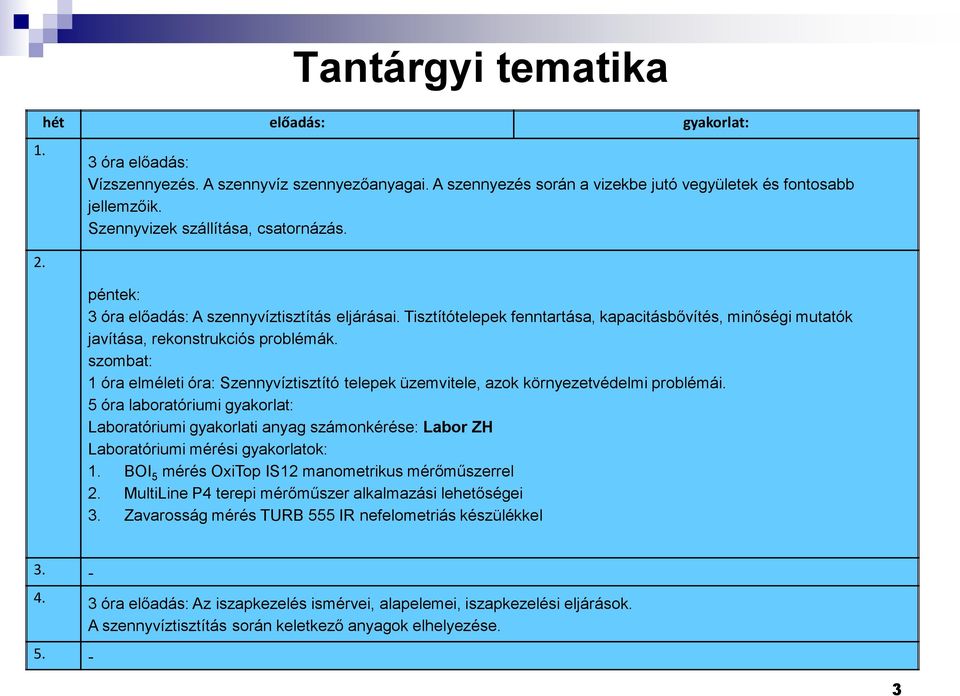 szombat: 1 óra elméleti óra: Szennyvíztisztító telepek üzemvitele, azok környezetvédelmi problémái.