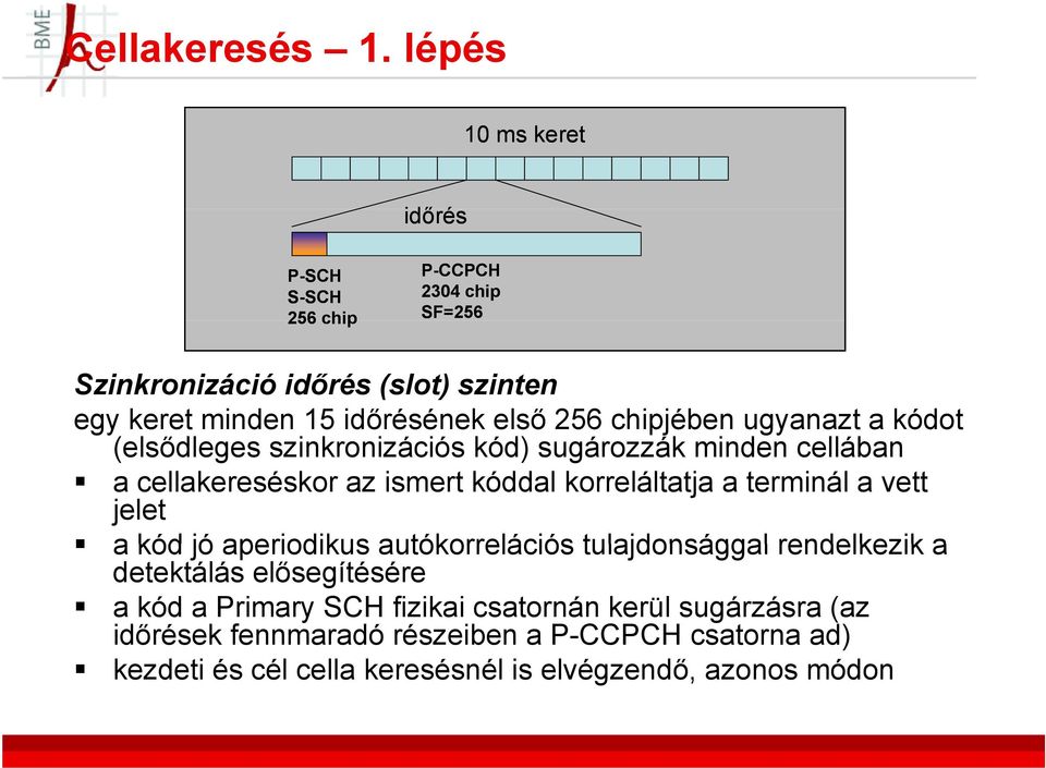 256 chipjében ugyanazt a kódot (elsődleges szinkronizációs kód) sugározzák minden cellában a cellakereséskor az ismert kóddal korreláltatja a