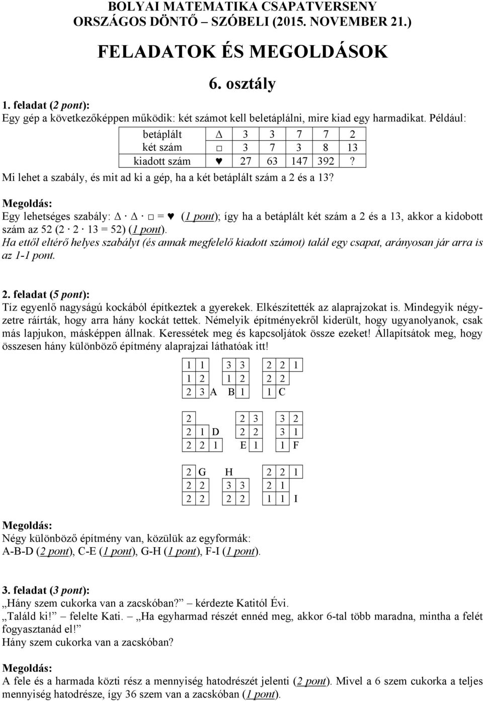 Egy lehetséges szabály: = (1 pont); így ha a betáplált két szám a 2 és a 13, akkor a kidobott szám az 52 (2 2 13 = 52) (1 pont).