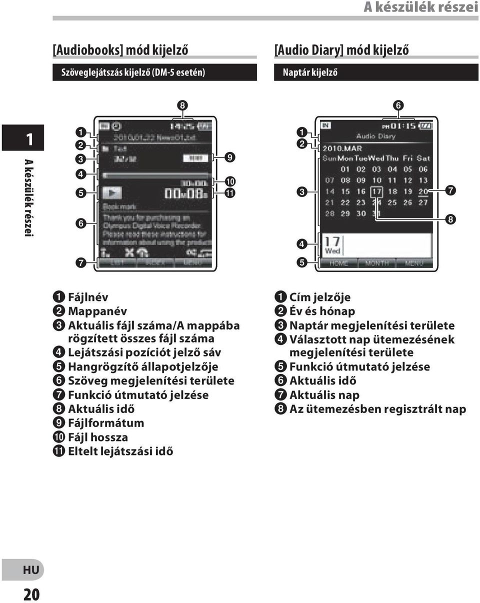 Szöveg megjelenítési területe 7 Funkció útmutató jelzése 8 Aktuális idő 9 Fájlformátum 0 Fájl hossza!