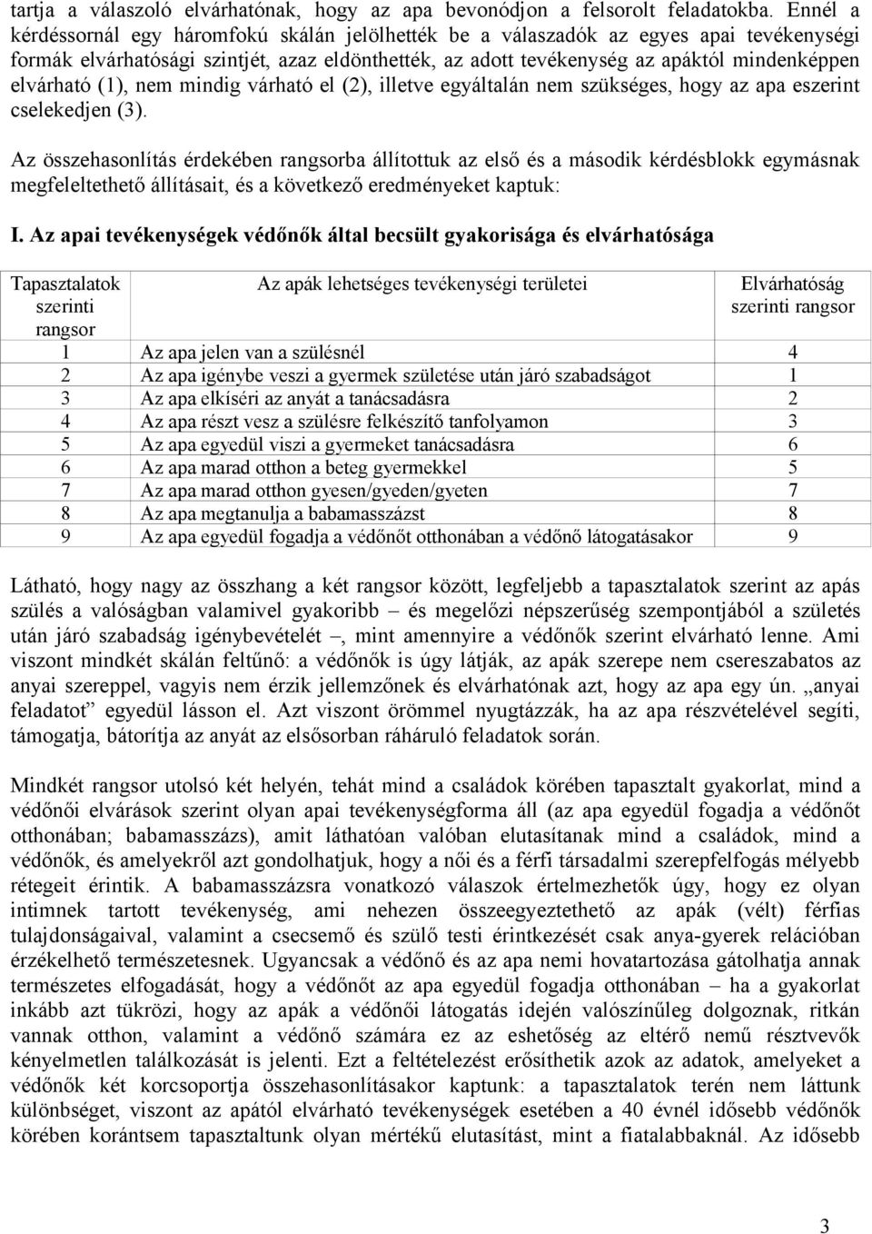 elvárható (1), nem mindig várható el (2), illetve egyáltalán nem szükséges, hogy az apa eszerint cselekedjen (3).
