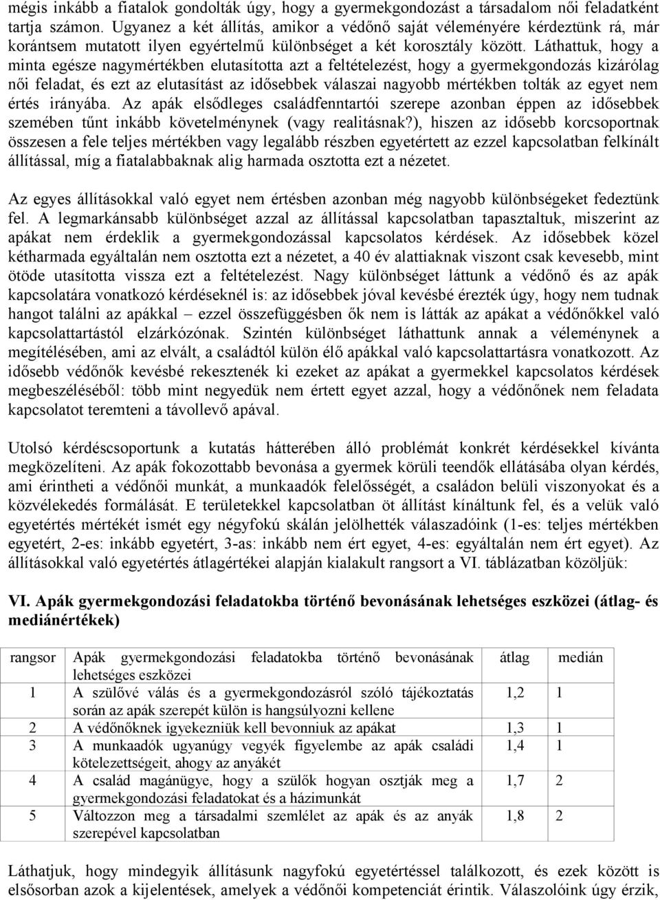 Láthattuk, hogy a minta egésze nagymértékben elutasította azt a feltételezést, hogy a gyermekgondozás kizárólag női feladat, és ezt az elutasítást az idősebbek válaszai nagyobb mértékben tolták az