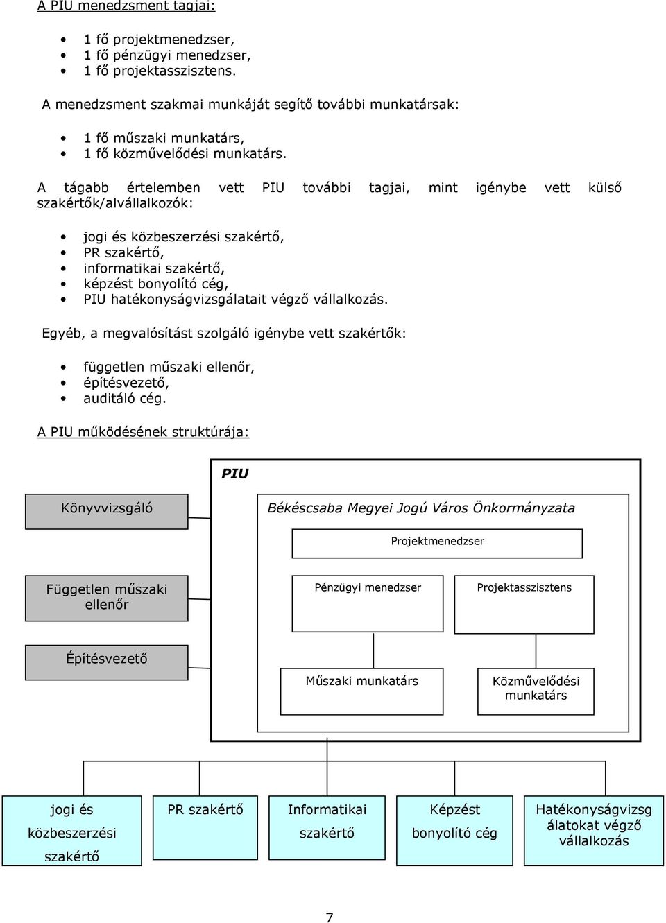 A tágabb értelemben vett PIU tvábbi tagjai, mint igénybe vett külsı szakértık/alvállalkzók: jgi és közbeszerzési szakértı, PR szakértı, infrmatikai szakértı, képzést bnylító cég, PIU