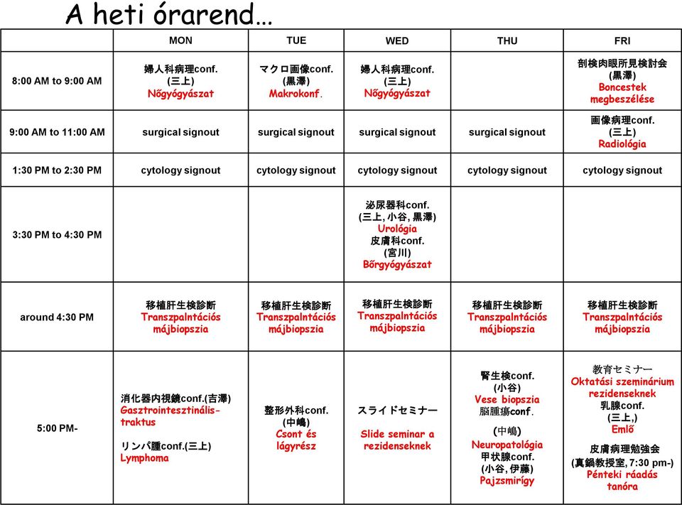 ( 三 上 ) Nőgyógyászat 剖 検 肉 眼 所 見 検 討 会 ( 黒 澤 ) Boncestek megbeszélése 9:00 AM to 11:00 AM surgical signout surgical signout surgical signout surgical signout 画 像 病 理 conf.