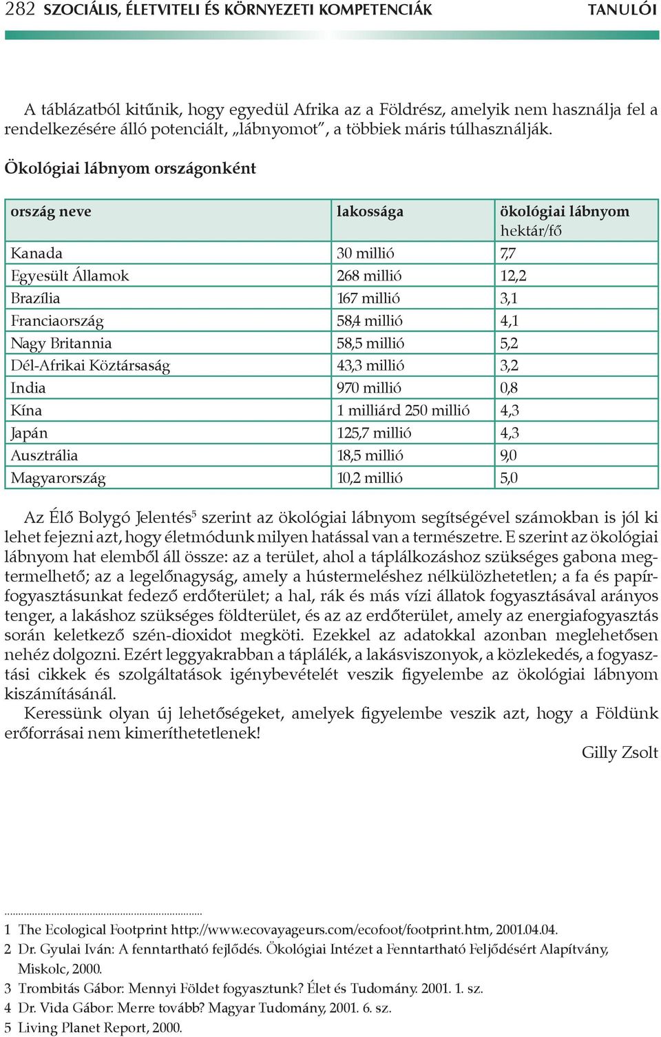 Ökológiai lábnyom országonként ország neve lakossága ökológiai lábnyom hektár/fô Kanada 30 millió 7,7 Egyesült Államok 268 millió 12,2 Brazília 167 millió 3,1 Franciaország 58,4 millió 4,1 Nagy