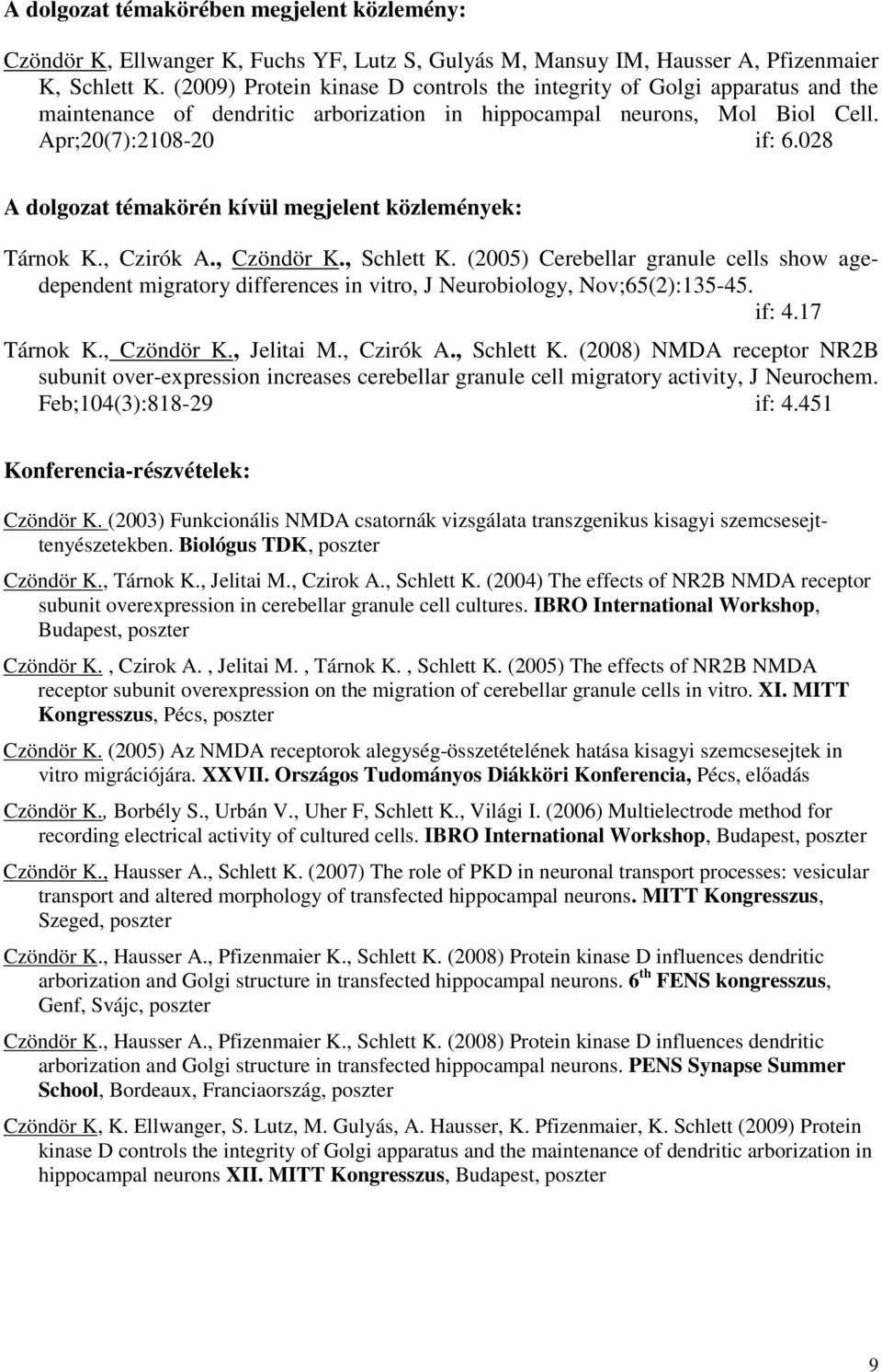 028 A dolgozat témakörén kívül megjelent közlemények: Tárnok K., Czirók A., Czöndör K., Schlett K.