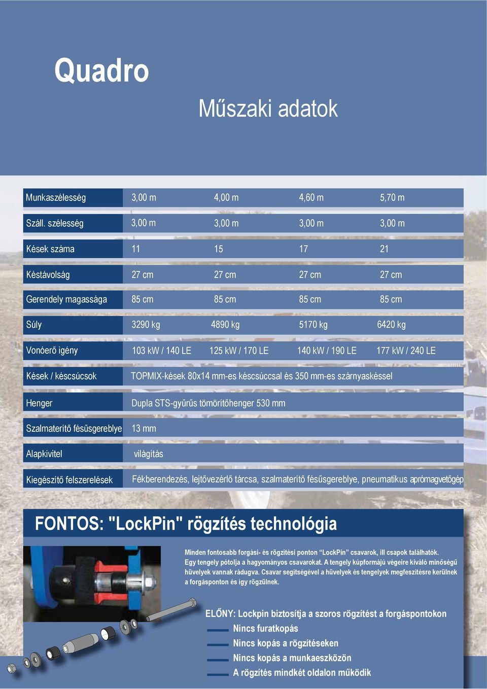 / késcsúcsok Henger Szalmaterítő fésűsgereblye Alapkivitel Kiegészítő felszerelések 103 kw / 140 LE 125 kw / 170 LE 140 kw / 190 LE 177 kw / 240 LE TOPMIX-kések 80x14 mm-es késcsúccsal és 350 mm-es