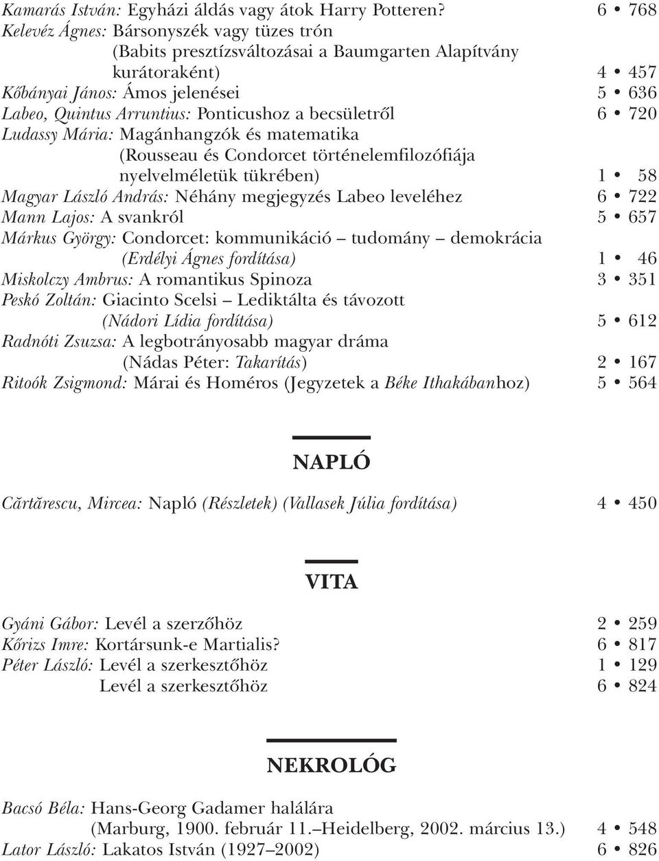 becsületrôl 6 720 Ludassy Mária: Magánhangzók és matematika (Rousseau és Condorcet történelemfilozófiája nyelvelméletük tükrében) 1 58 Magyar László András: Néhány megjegyzés Labeo leveléhez 6 722