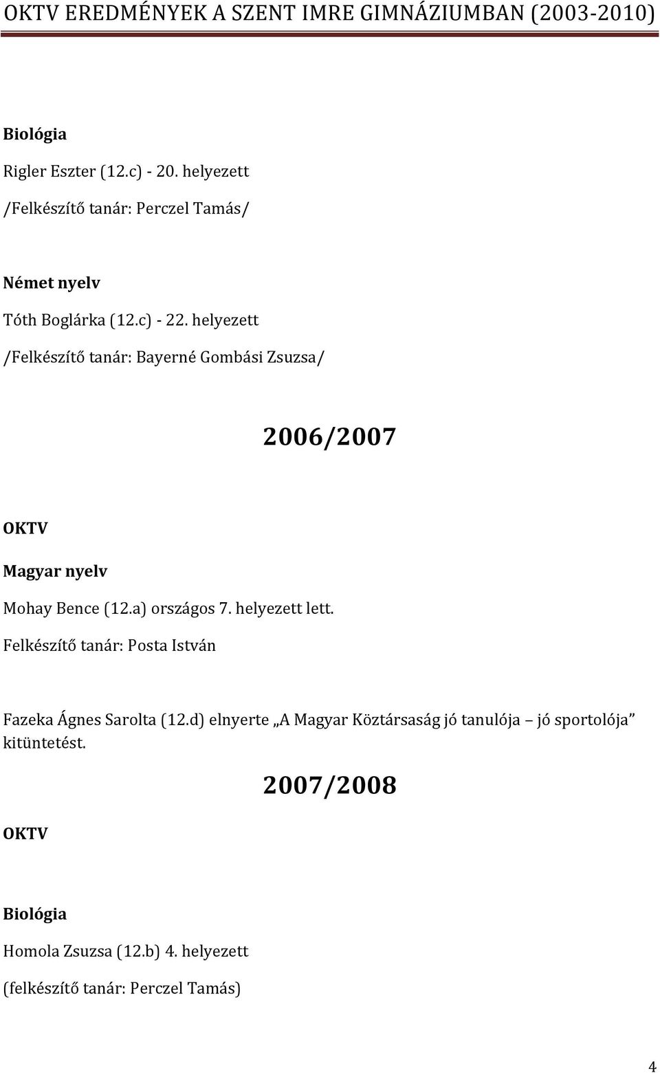 helyezett /Felkészítő tanár: Bayerné Gombási Zsuzsa/ 2006/2007 Magyar nyelv Mohay Bence (12.a) országos 7. helyezett lett.