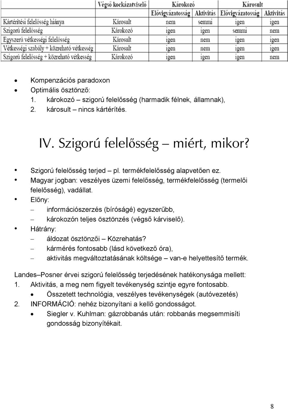 Előny: információszerzés (bíróságé) egyszerűbb, károkozón teljes ösztönzés (végső kárviselő). Hátrány: áldozat ösztönzői Közrehatás?