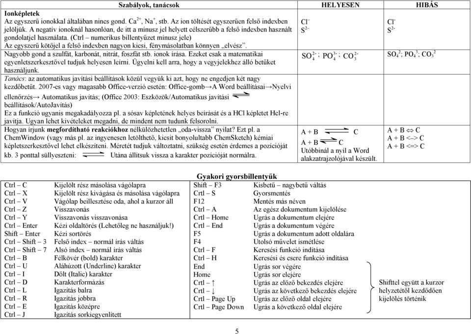 (Ctrl nuerikus billentyűzet ínusz jele) Az egyszerű kötőjel a felső indexben nagyon kicsi, fényásolatban könnyen elvész. Nagyobb gond a szulfát, karbonát, nitrát, foszfát stb. ionok írása.