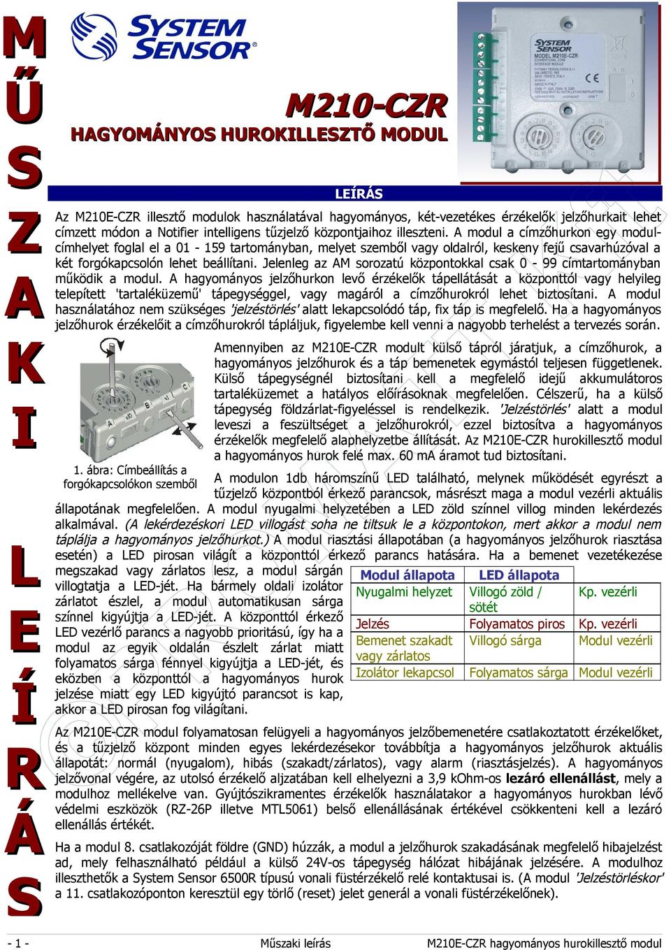 A modul a címzőhurkon egy modulcímhelyet foglal el a 01 159 tartományban, melyet szemből vagy ról, keskeny fejű csavarhúzóval a két forgókapcsolón lehet beállítani.