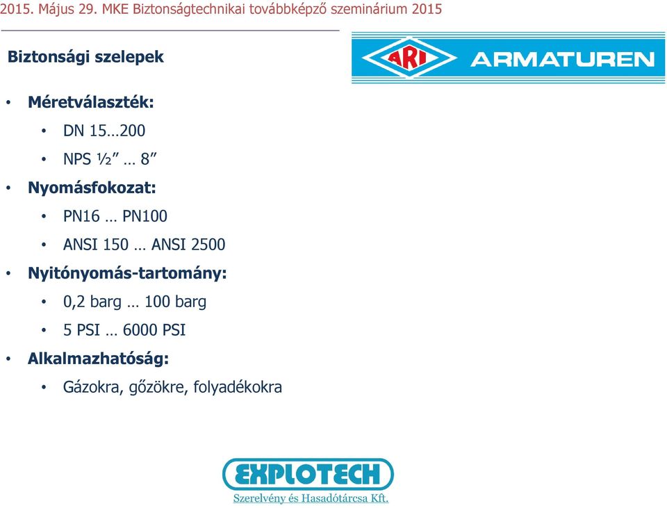 Nyitónyomás-tartomány: 0,2 barg 100 barg 5 PSI