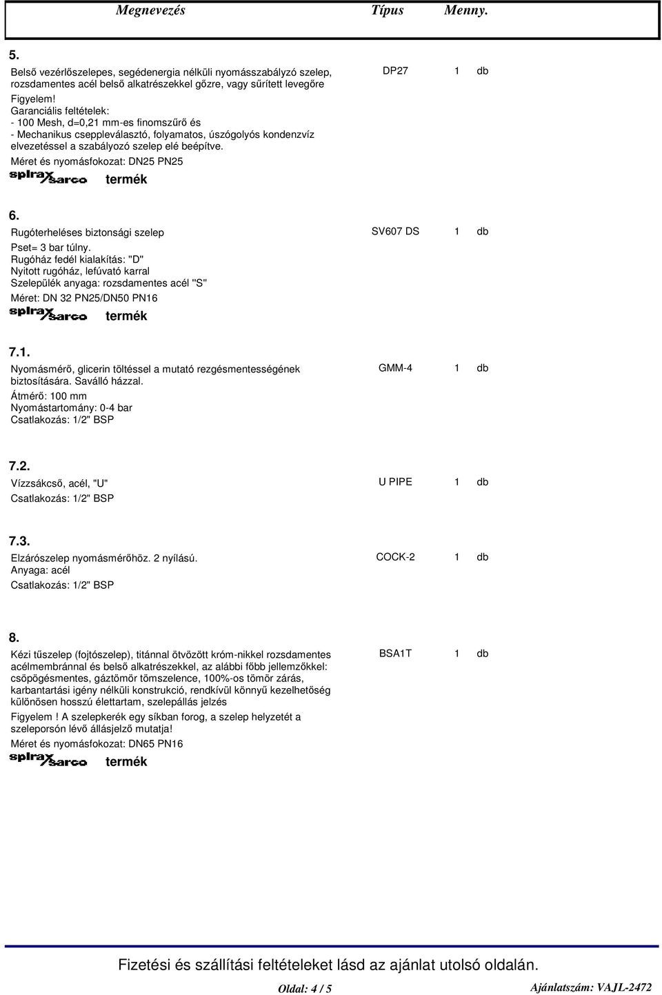 Méret és nyomásfokozat: DN25 PN25 6. Rugóterheléses biztonsági szelep SV607 DS Pset= 3 bar túlny.