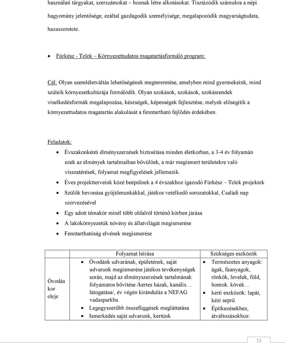 Olyan szokások, szokások, szokásrendek viselkedésformák megalapozása, készségek, képességek fejlesztése, melyek elősegítik a környezettudatos magatartás alakulását a fenntartható fejlődés érdekében.