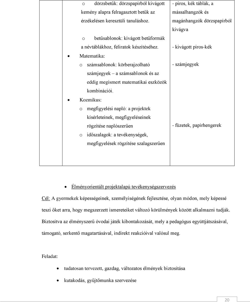 Kozmikus: o megfigyelési napló: a projektek kísérleteinek, megfigyeléseinek rögzítése naplószerűen o időszalagok: a tevékenységek, megfigyelések rögzítése szalagszerűen - piros, kék táblák, a