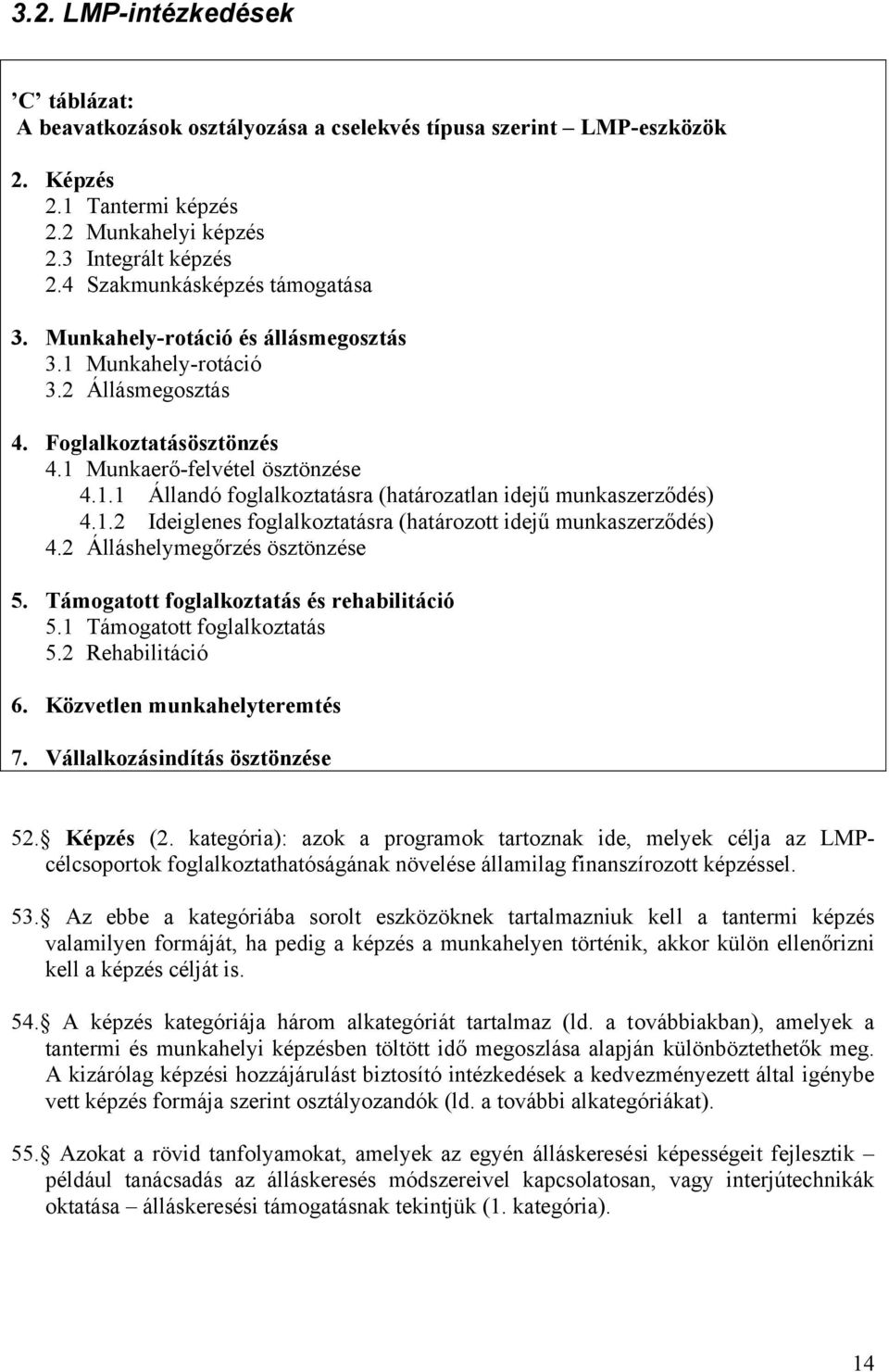 1.2 Ideiglenes foglalkoztatásra (határozott idejű munkaszerződés) 4.2 Álláshelymegőrzés ösztönzése 5. Támogatott foglalkoztatás és rehabilitáció 5.1 Támogatott foglalkoztatás 5.2 Rehabilitáció 6.