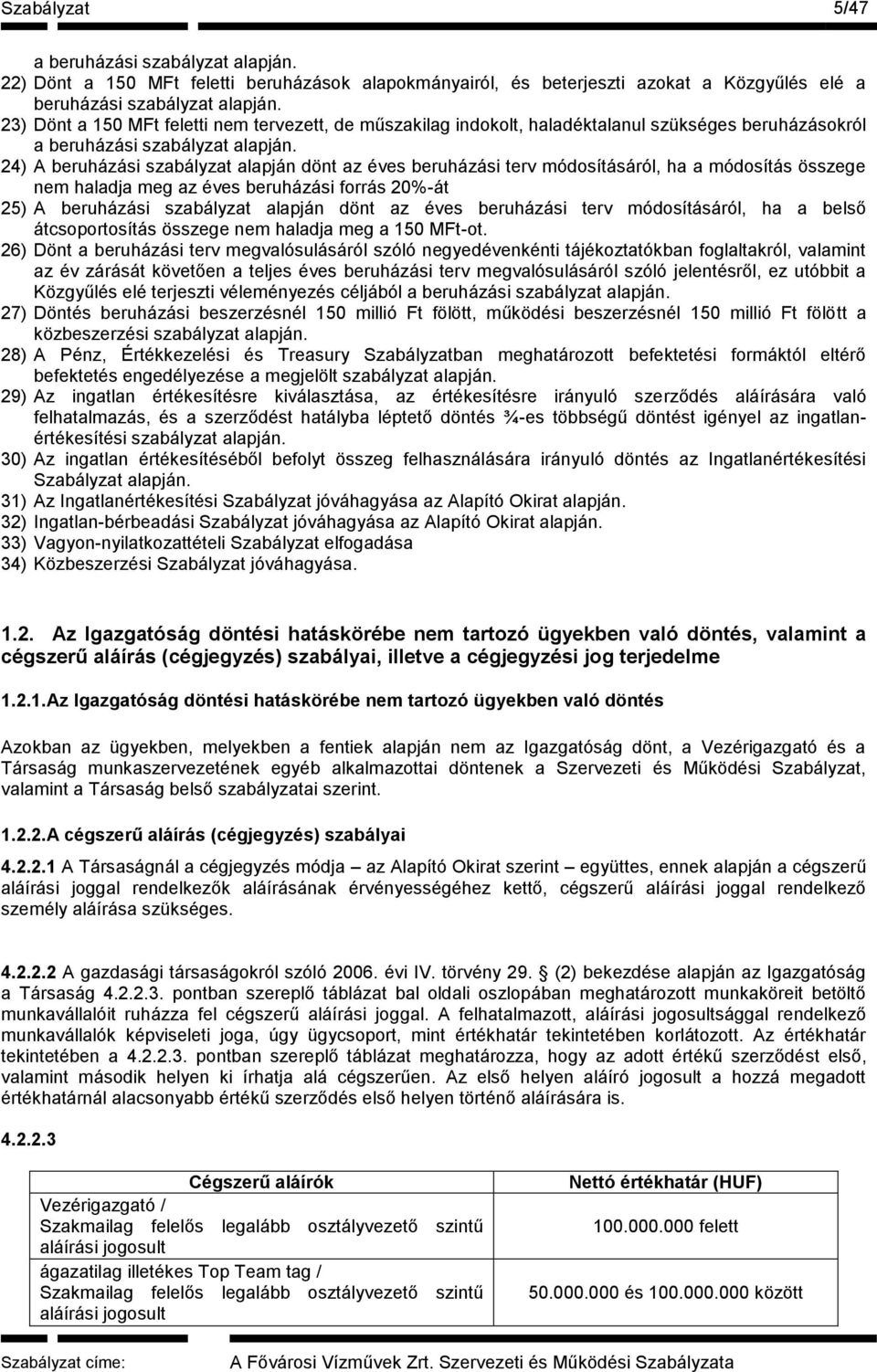 24) A beruházási szabályzat alapján dönt az éves beruházási terv módosításáról, ha a módosítás összege nem haladja meg az éves beruházási forrás 20%-át 25) A beruházási szabályzat alapján dönt az