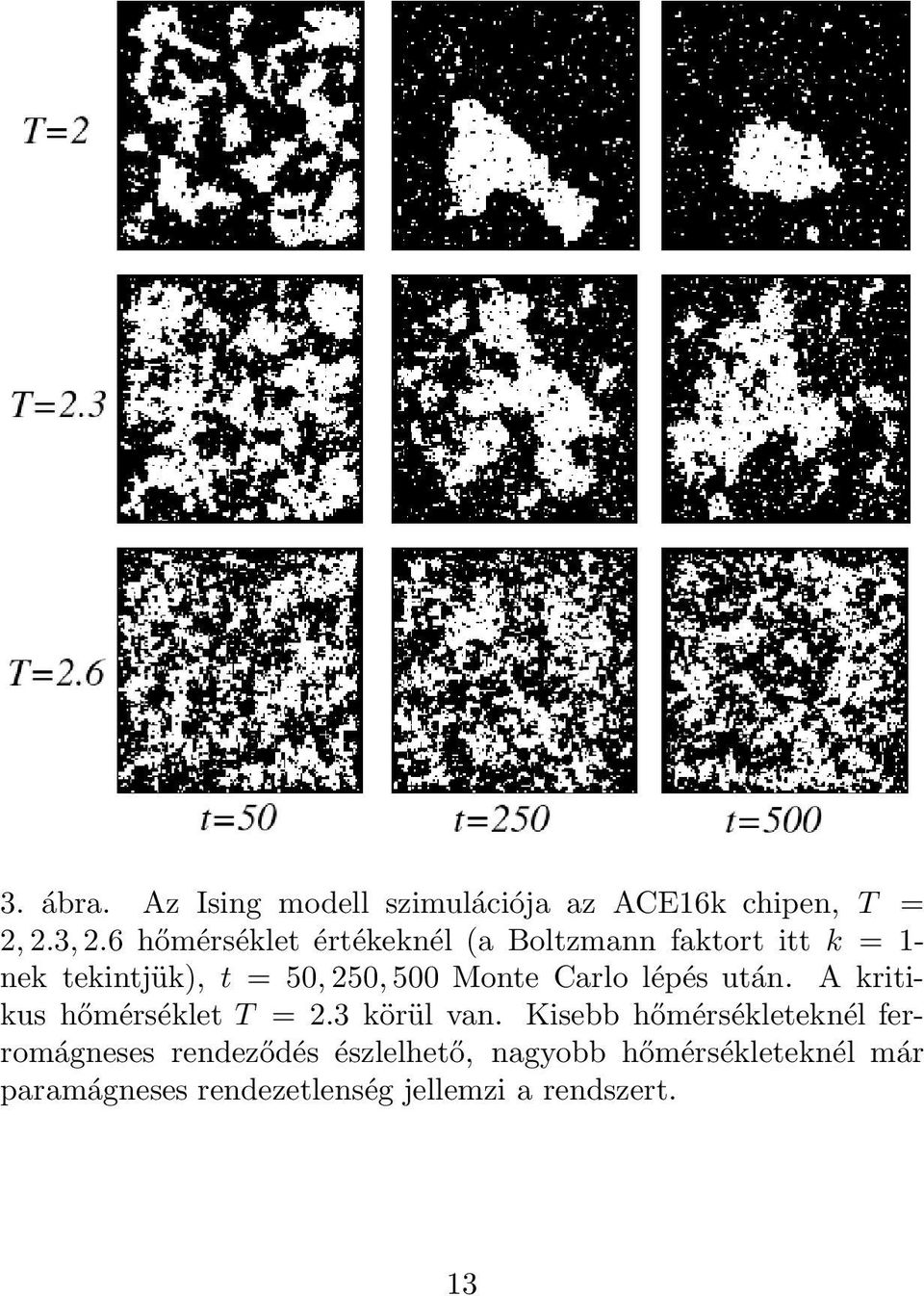 Monte Carlo lépés után. A kritikus hőmérséklet T = 2.3 körül van.