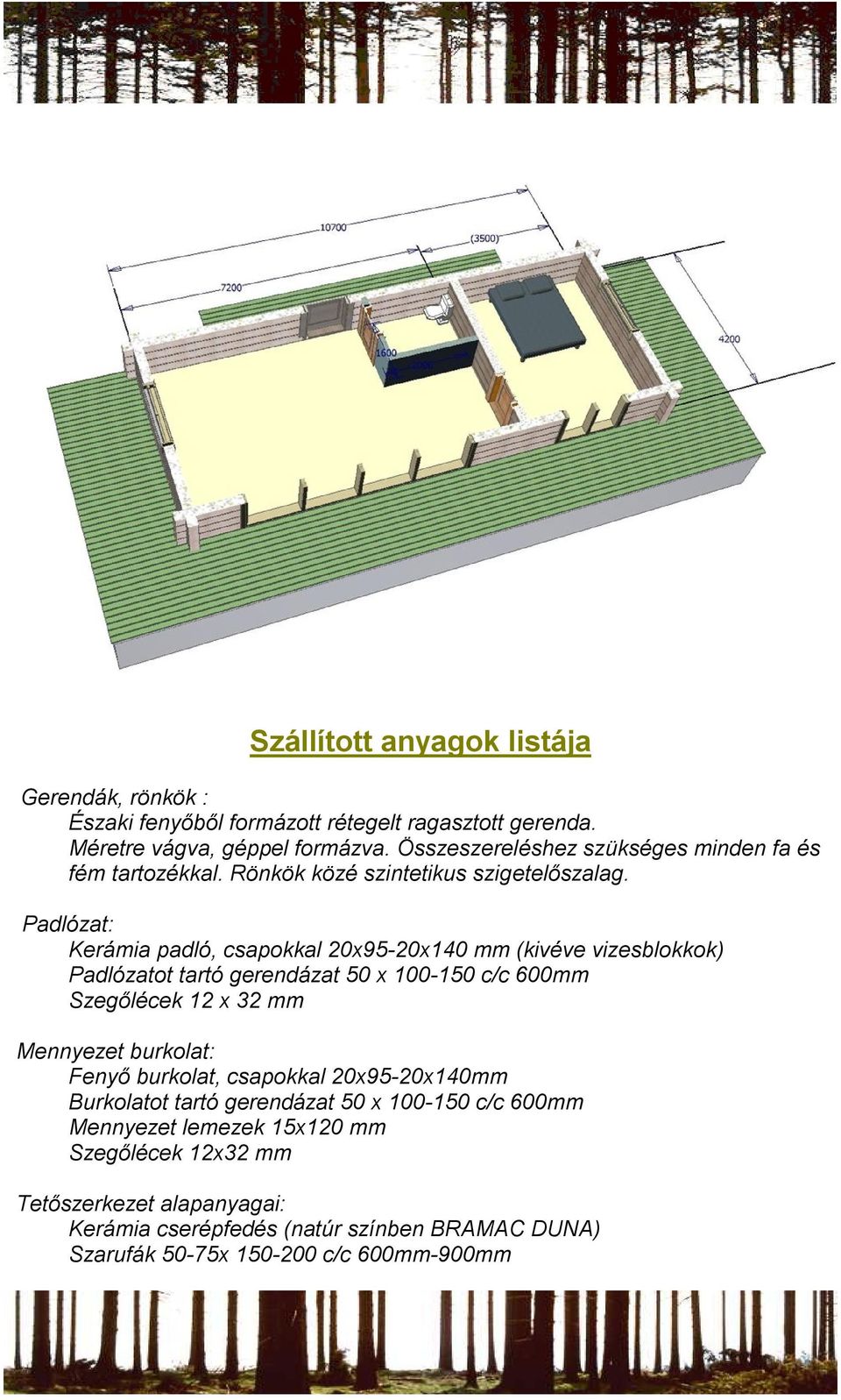 Padlózat: Kerámia padló, csapokkal 20x95-20x140 mm (kivéve vizesblokkok) Padlózatot tartó gerendázat 50 x 100-150 c/c 600mm Szegőlécek 12 x 32 mm Mennyezet