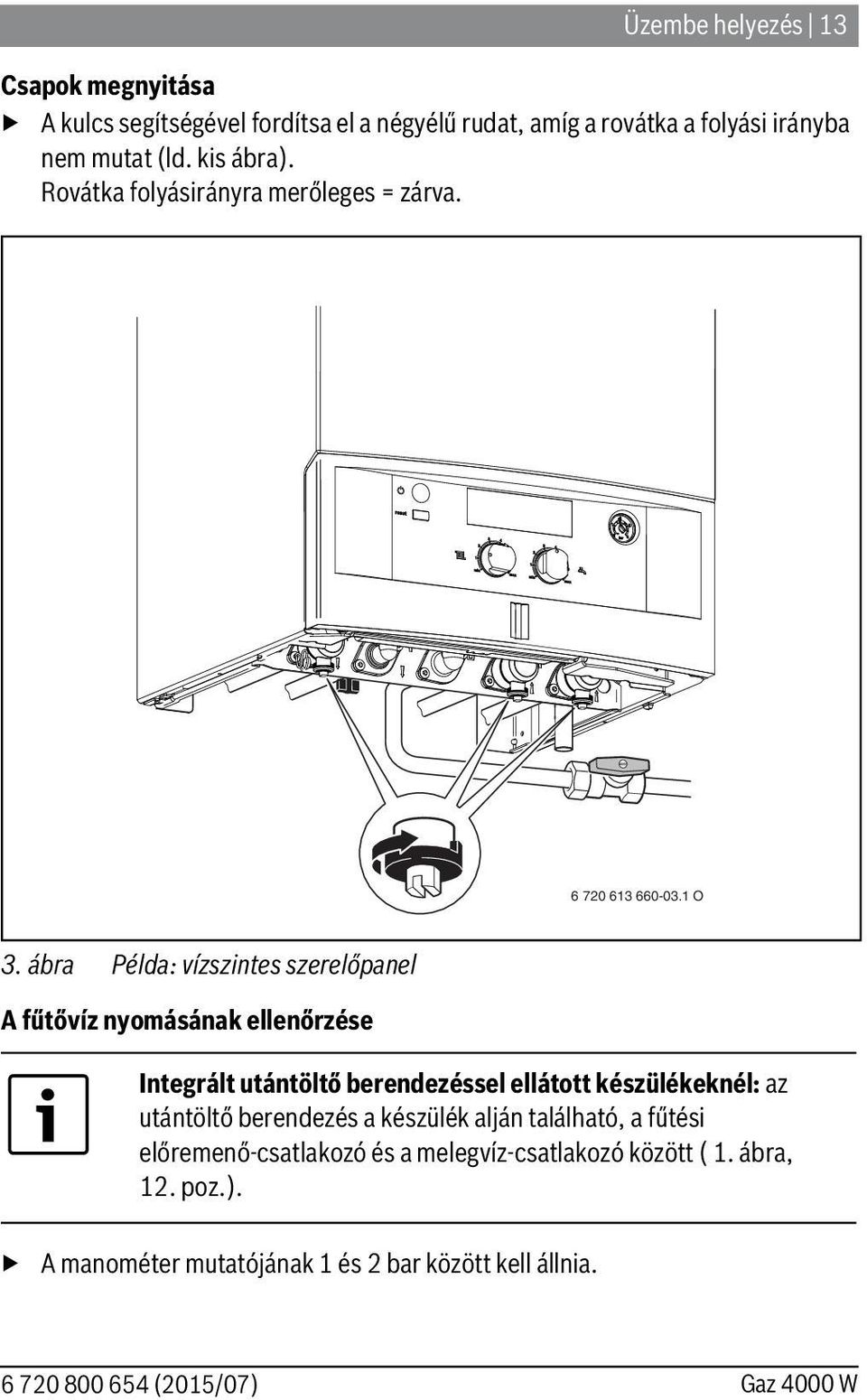 ábra Példa: vízszintes szerelőpanel A fűtővíz nyomásának ellenőrzése Integrált utántöltő berendezéssel ellátott készülékeknél: az utántöltő