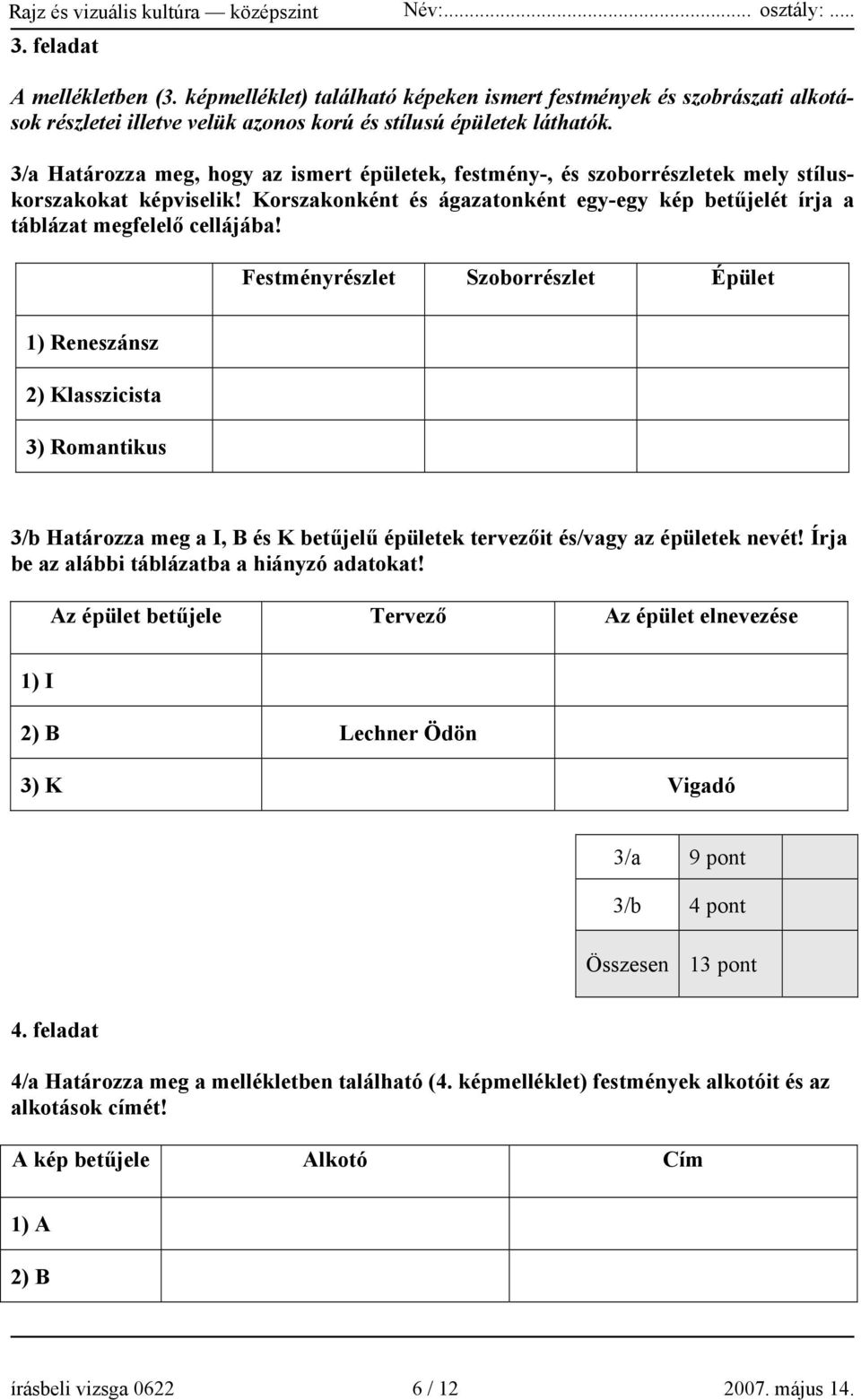 Festményrészlet Szoborrészlet Épület 1) Reneszánsz 2) Klasszicista 3) Romantikus 3/b Határozza meg a I, B és K betűjelű épületek tervezőit és/vagy az épületek nevét!