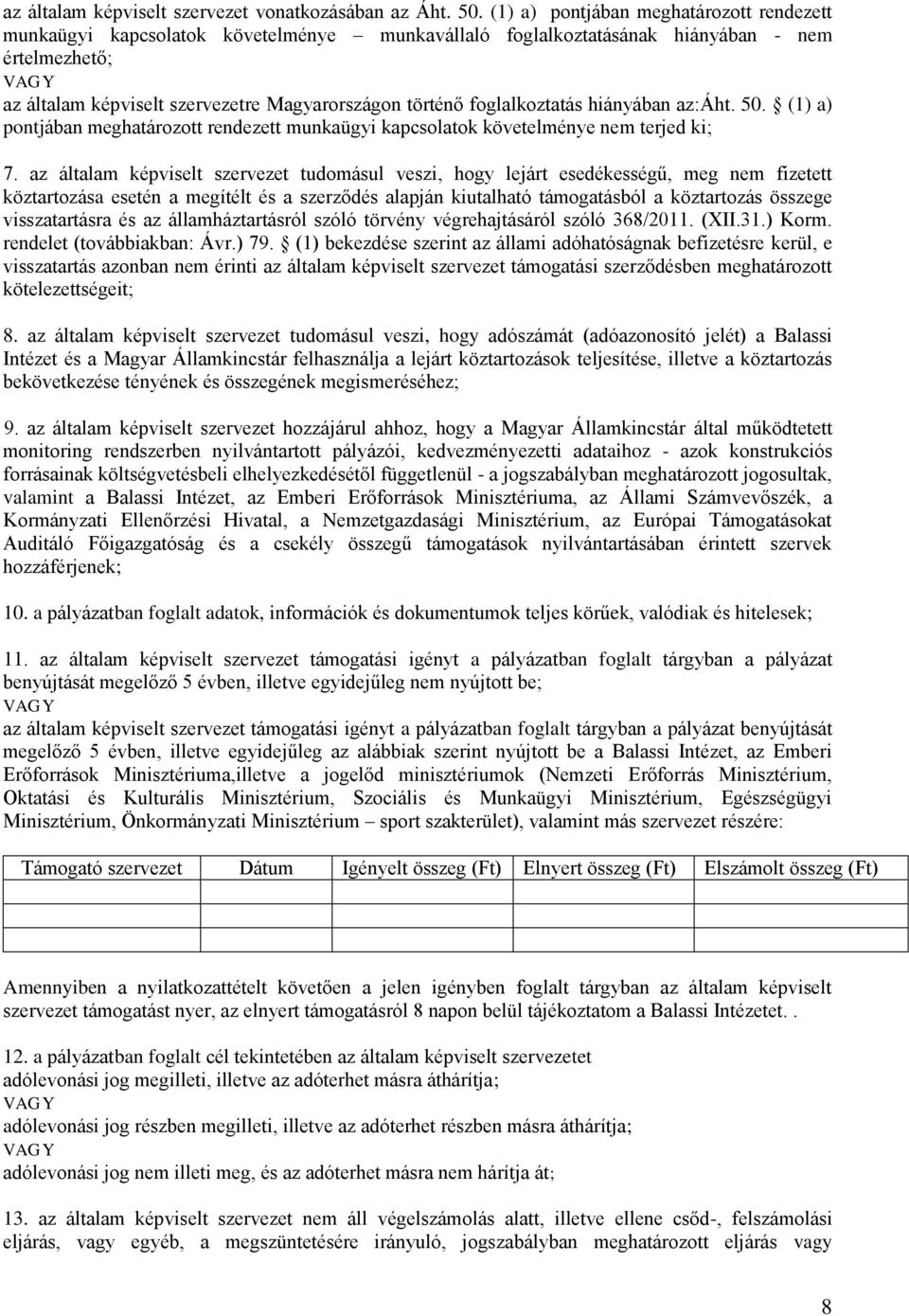 foglalkoztatás hiányában az:áht. 50. (1) a) pontjában meghatározott rendezett munkaügyi kapcsolatok követelménye nem terjed ki; 7.