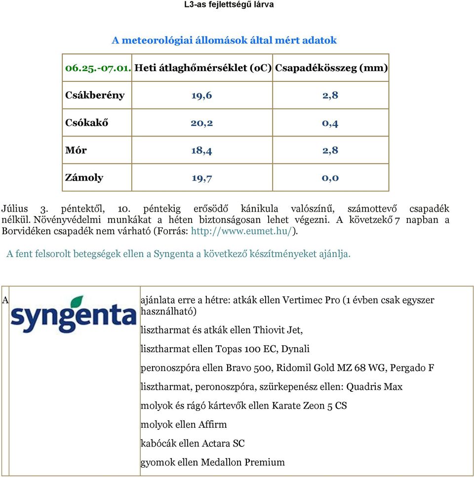 péntekig erősödő kánikula valószínű, számottevő csapadék nélkül. Növényvédelmi munkákat a héten biztonságosan lehet végezni. A követzekő 7 napban a Borvidéken csapadék nem várható (Forrás: http://www.