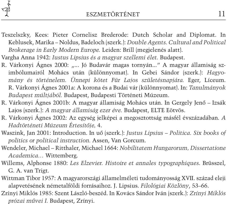 .. Jó Budavár magas tornyán... A magyar államiság szimbólumairól Mohács után (különnyomat). In Gebei Sándor (szerk.): Hagyomány és történelem. Ünnepi kötet Für Lajos születésnapjára. Eger, Líceum. R.