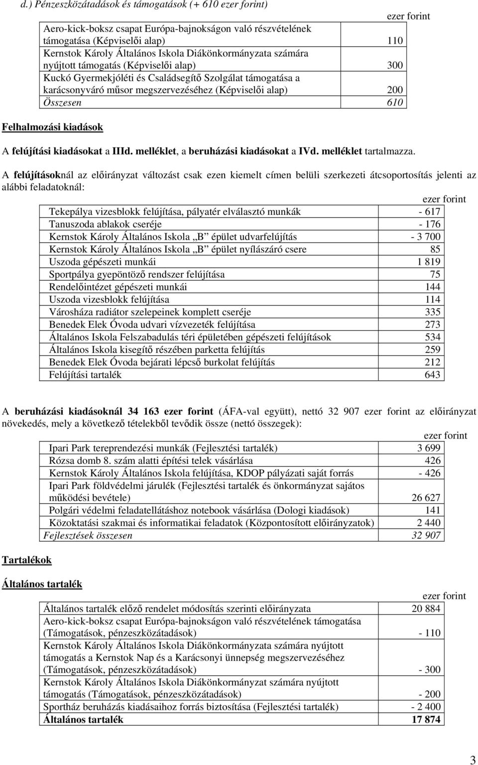 Felhalmozási kiadások A felújítási kiadásokat a IIId. melléklet, a beruházási kiadásokat a IVd. melléklet tartalmazza.