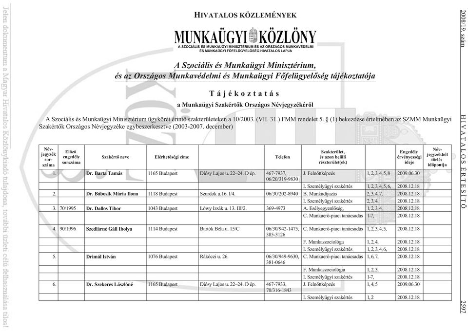 (1) bekezdése értelmében az SZMM Munkaügyi Szakértõk Országos Névjegyzéke egybeszerkesztve (2003-2007.