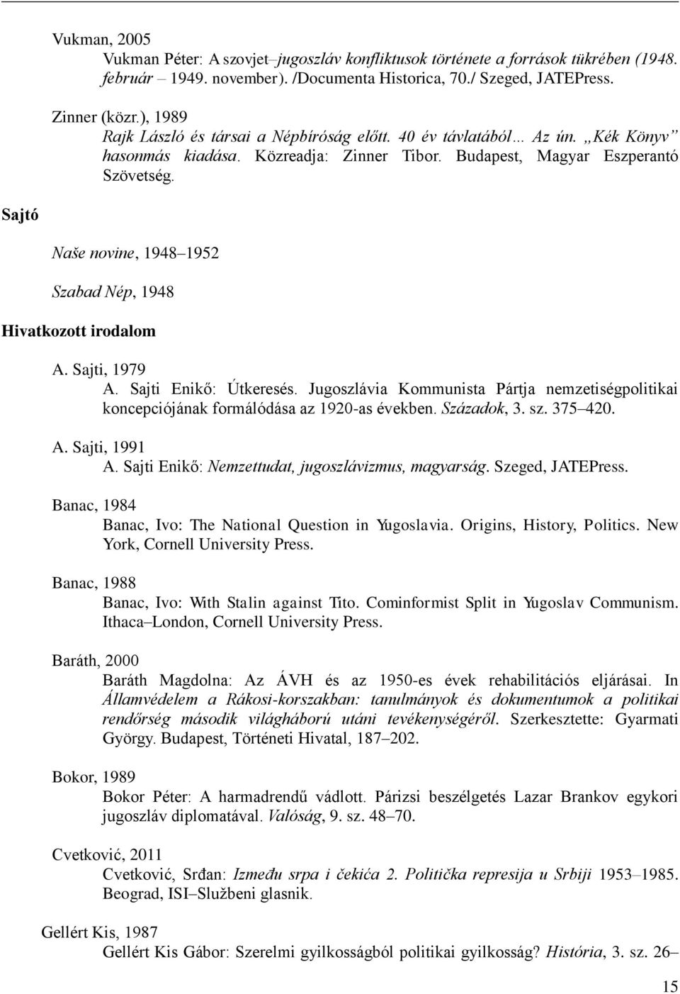 Sajtó Naše novine, 1948 1952 Szabad Nép, 1948 Hivatkozott irodalom A. Sajti, 1979 A. Sajti Enikő: Útkeresés.